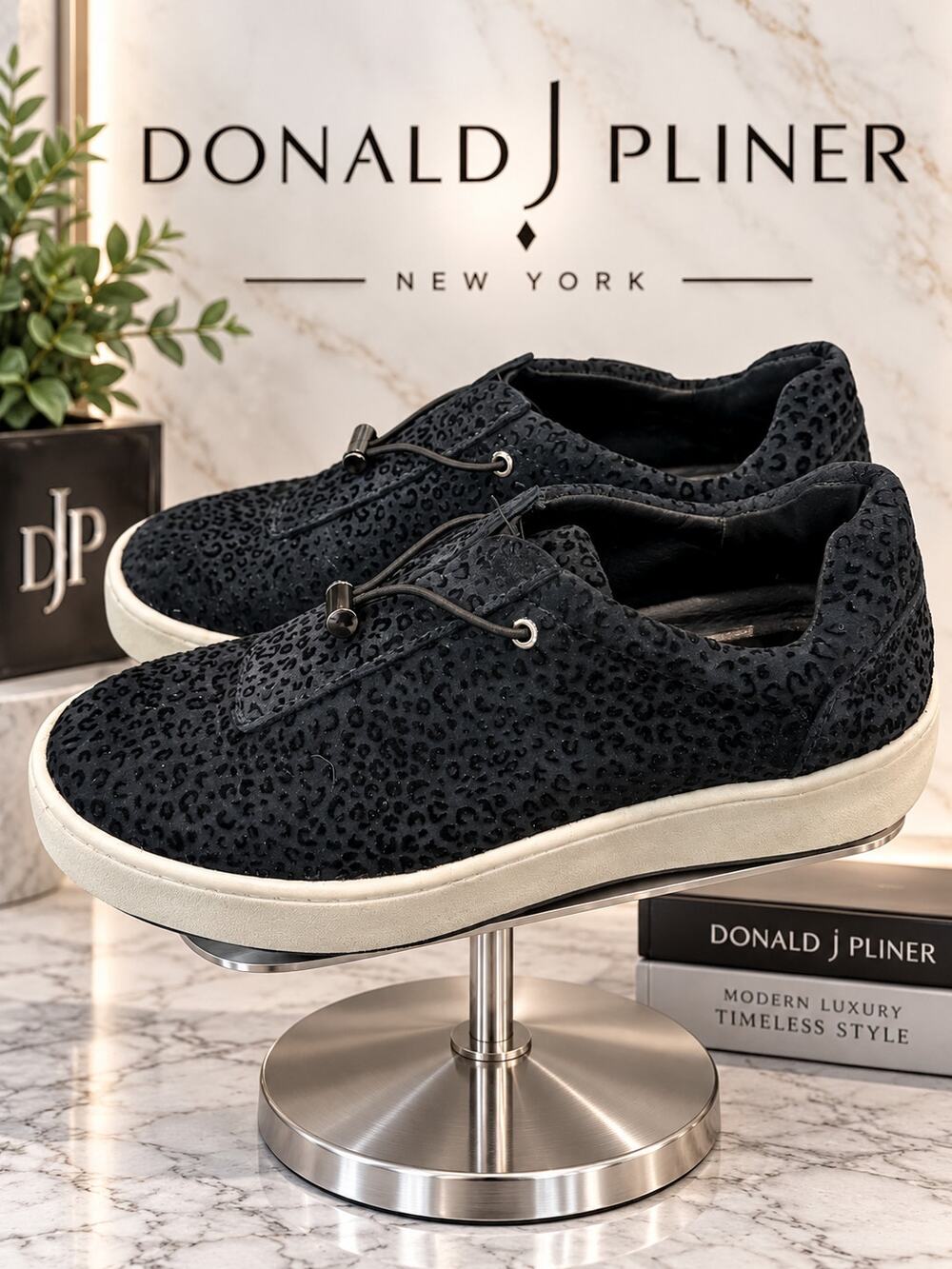 Donald J Pliner Black Leopard Suede Toggle Sneakers Size 7M
